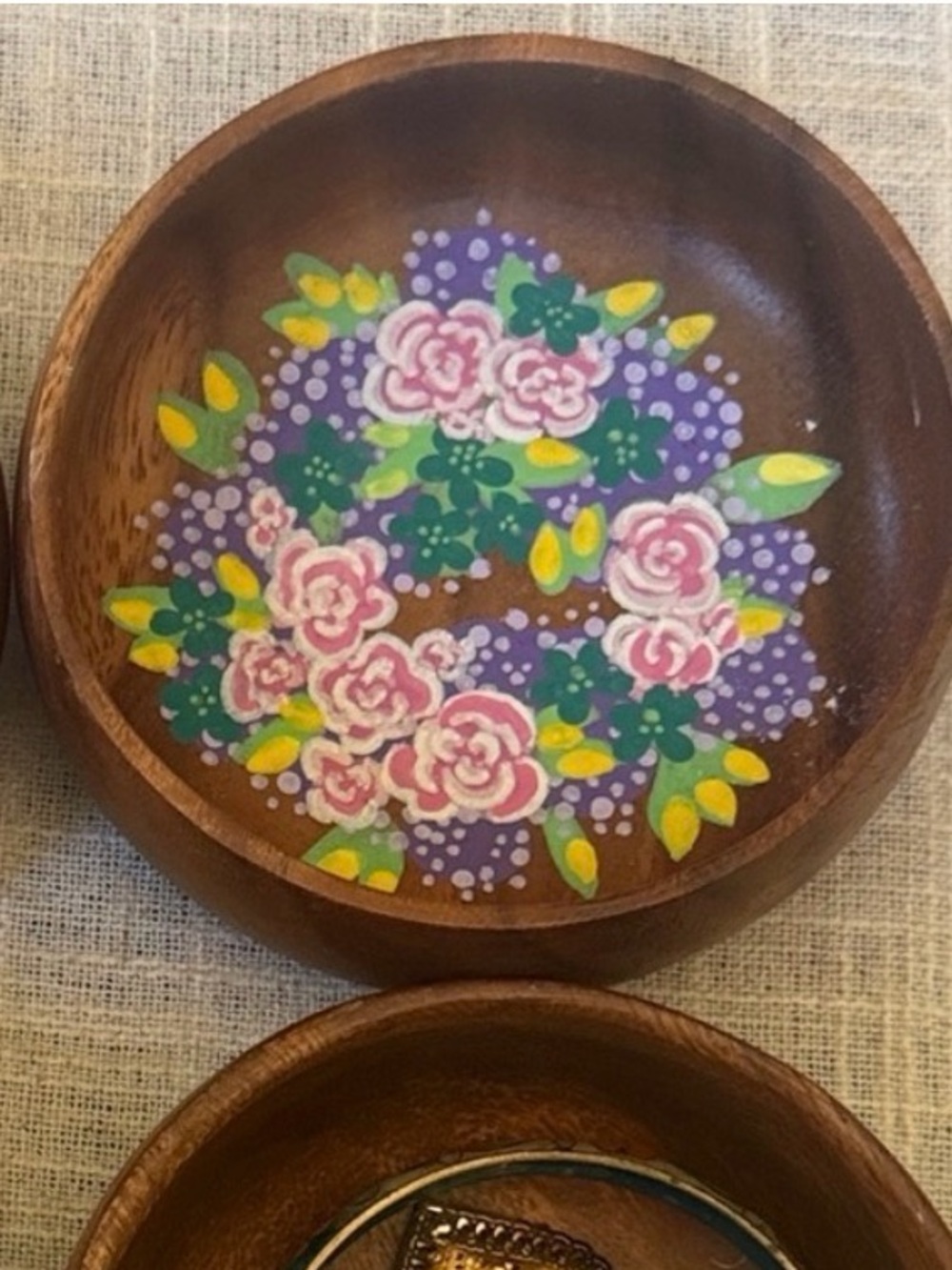 Hand-Painted Wooden Trinket Jewelry Dish Floral 4” Artisan Flowers